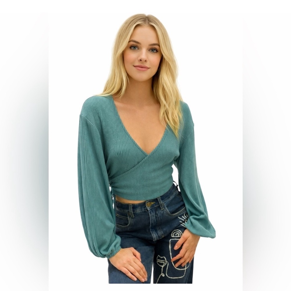 Urban Outfitters Teal Ribbed Cropped Wrap Sweater